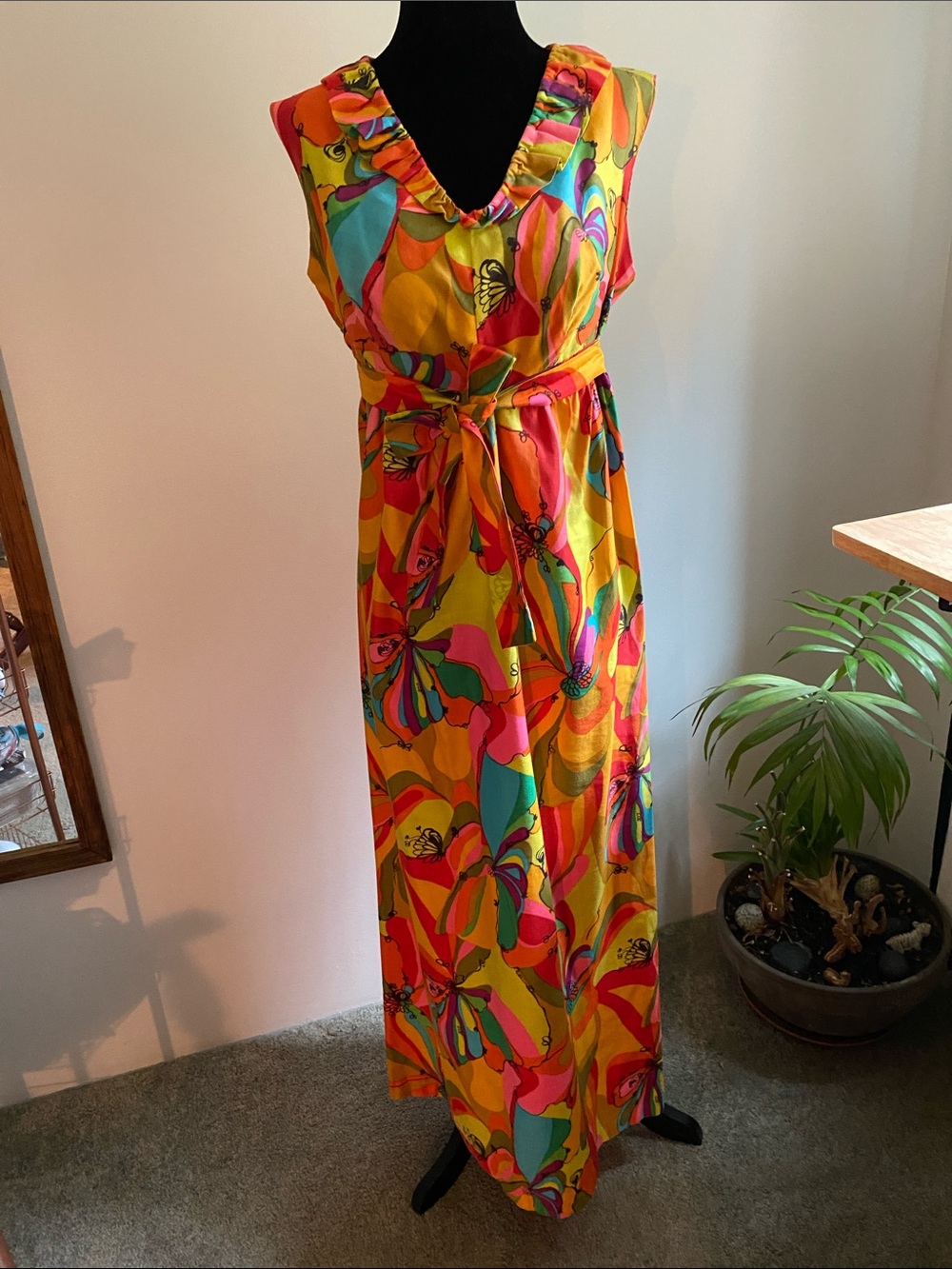 Vintage Psychedelic Hand-sewn Multicolor Floral Maxi Dress with Belt.